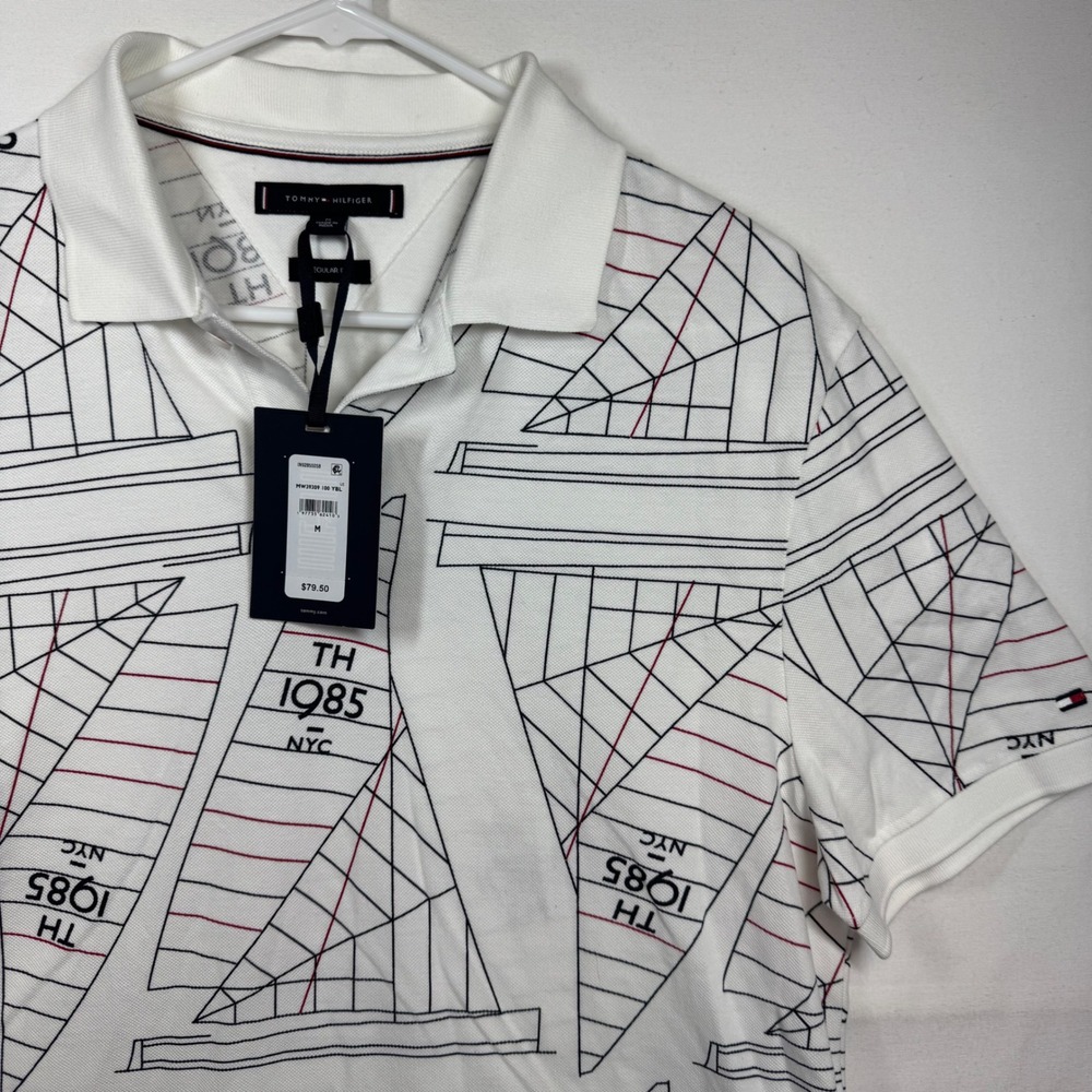Tommy Hilfiger Mens White Sailboat Print Polo Shirt MW39309 Regular Fit M NWT